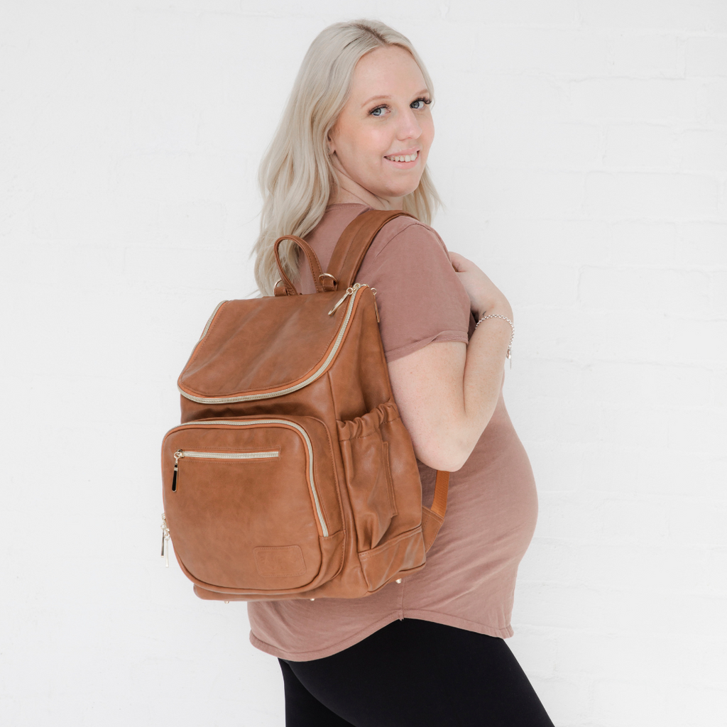 Florence Faux Leather Nappy bag Backpack in tan vegan leather comfortable stylish nappy backpack 