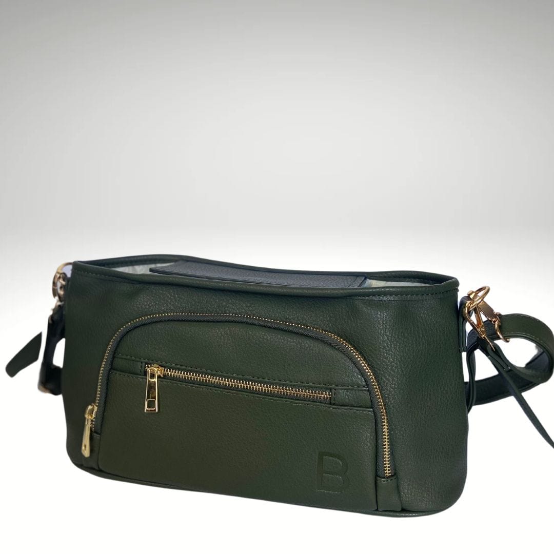 Sofia Pram Caddy Converts into Small Cross Body or Shoulder style nappy bag with included strap - shown in olive green limited edition