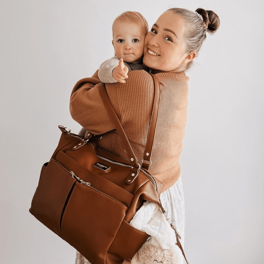 Sofia nappy bag - Tan vegan leather nappy bag worn as a shoulder bag but converts to a nappy backpack