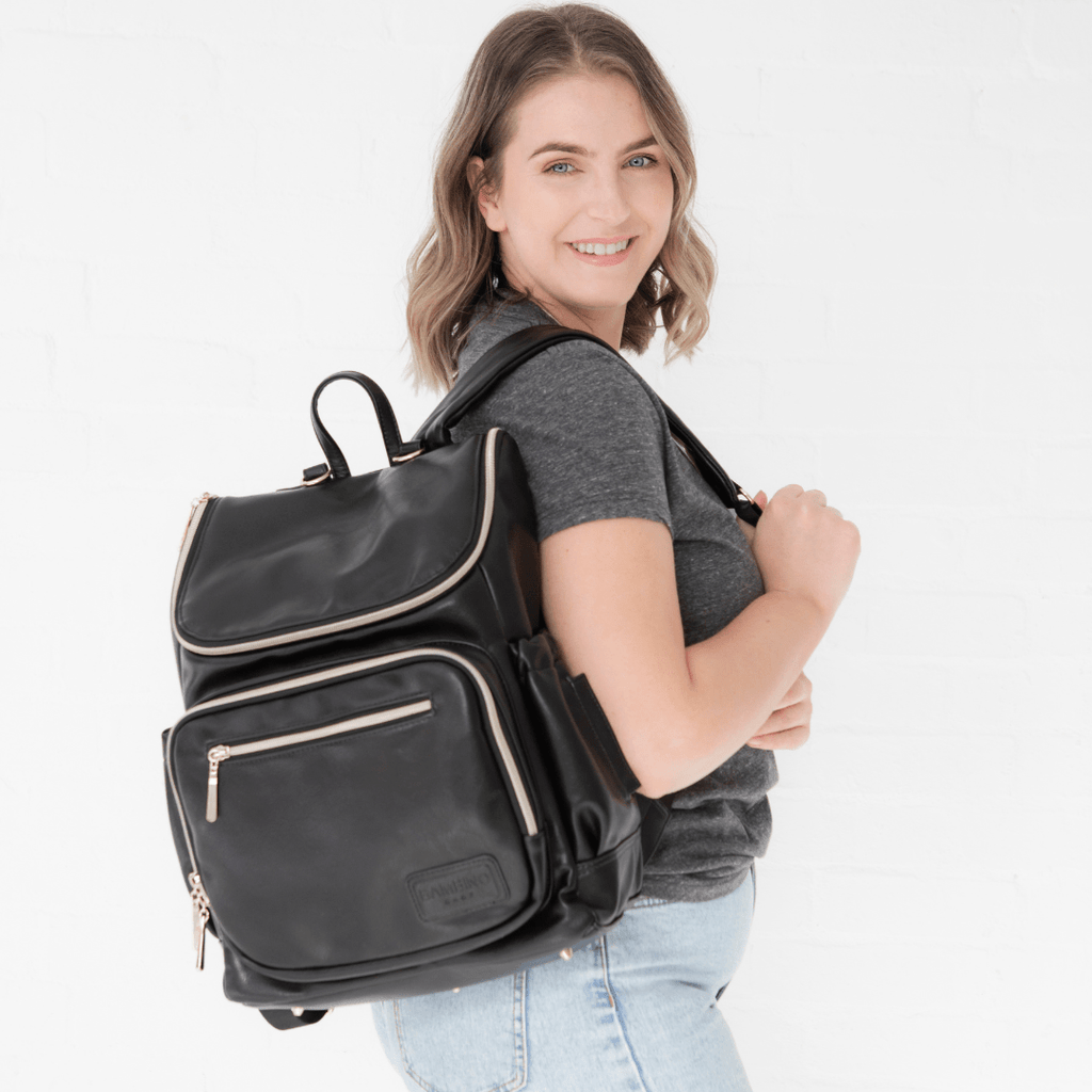 Bambino Bagz Florence Nappy Backpack - black leather look nappy bag best nappy bag for Mums and dads
