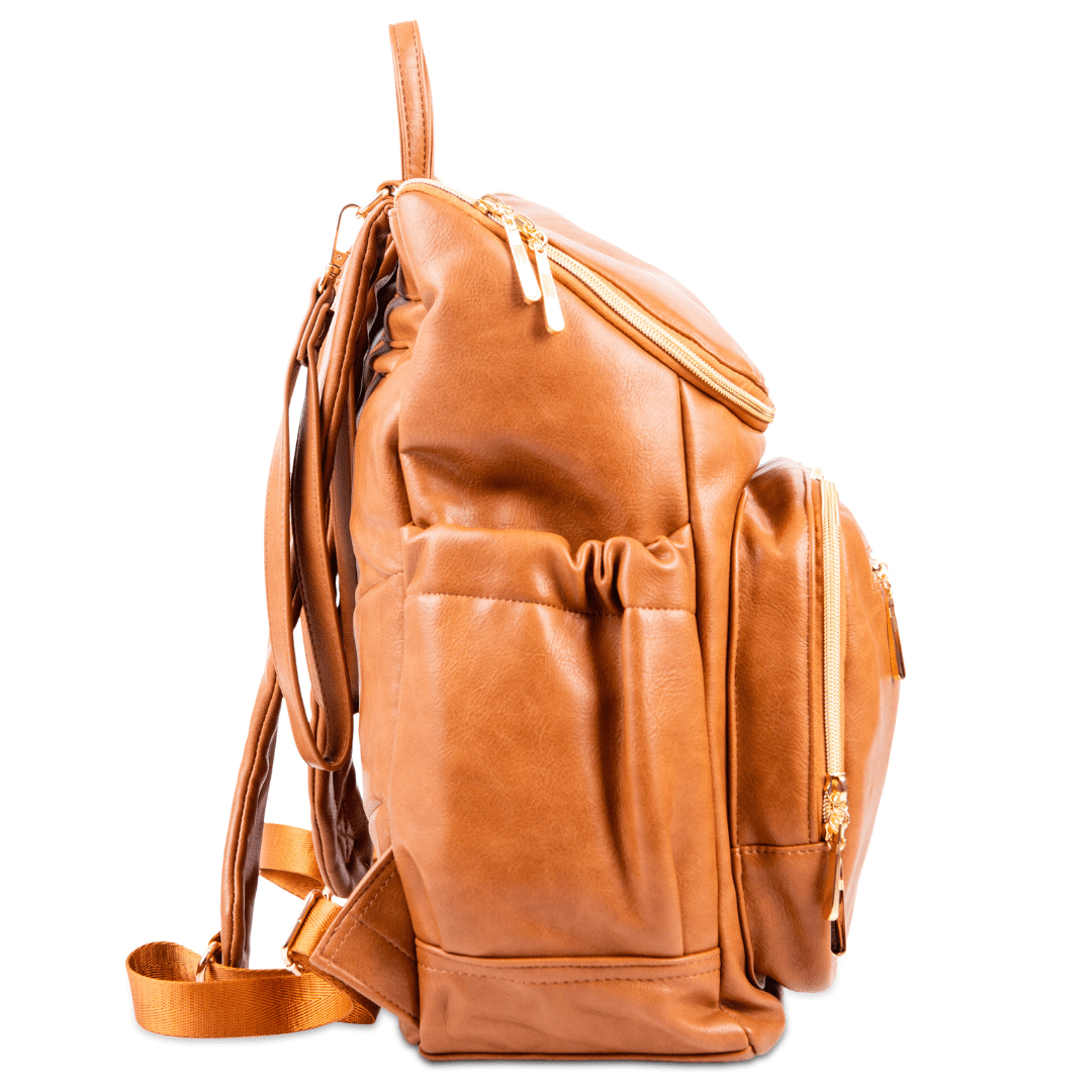 Florence vegan leather nappy backpack - side view. Insulated elasticated side pocket for your drink bottle.