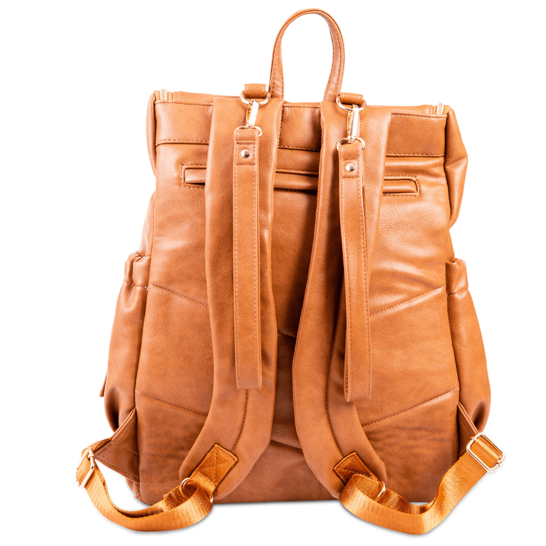 Florence Nappy bag backpack in tan rear view feturing padded straps and back pocket it's simply the best nappy bag around.