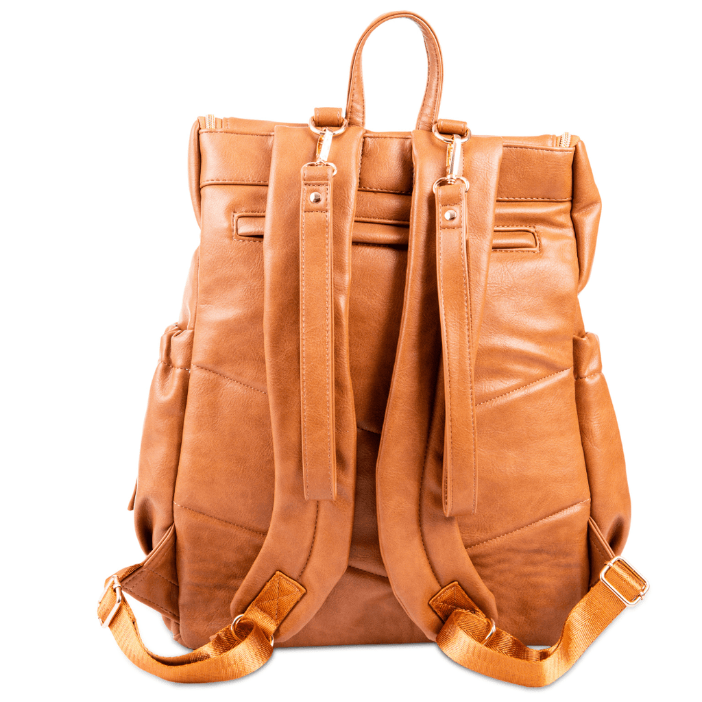 Florence Nappy bag backpack in tan rear view feturing padded straps and back pocket it's simply the best nappy bag around. 