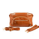 Universal pram caddy with accessories in matching tan leather - pram clips and shoulder strap