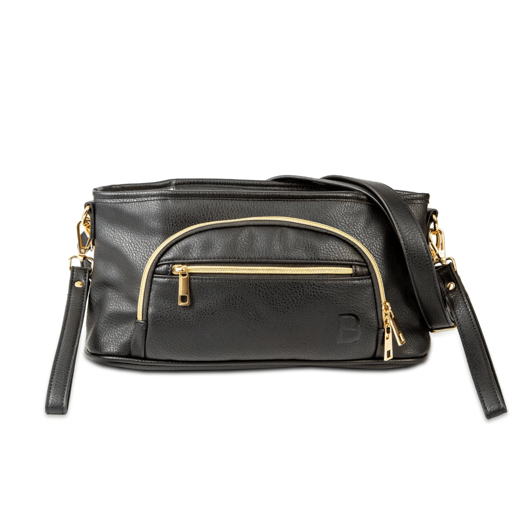 black vegan leather pram caddy with matching pram clips and matching shoulder strap
