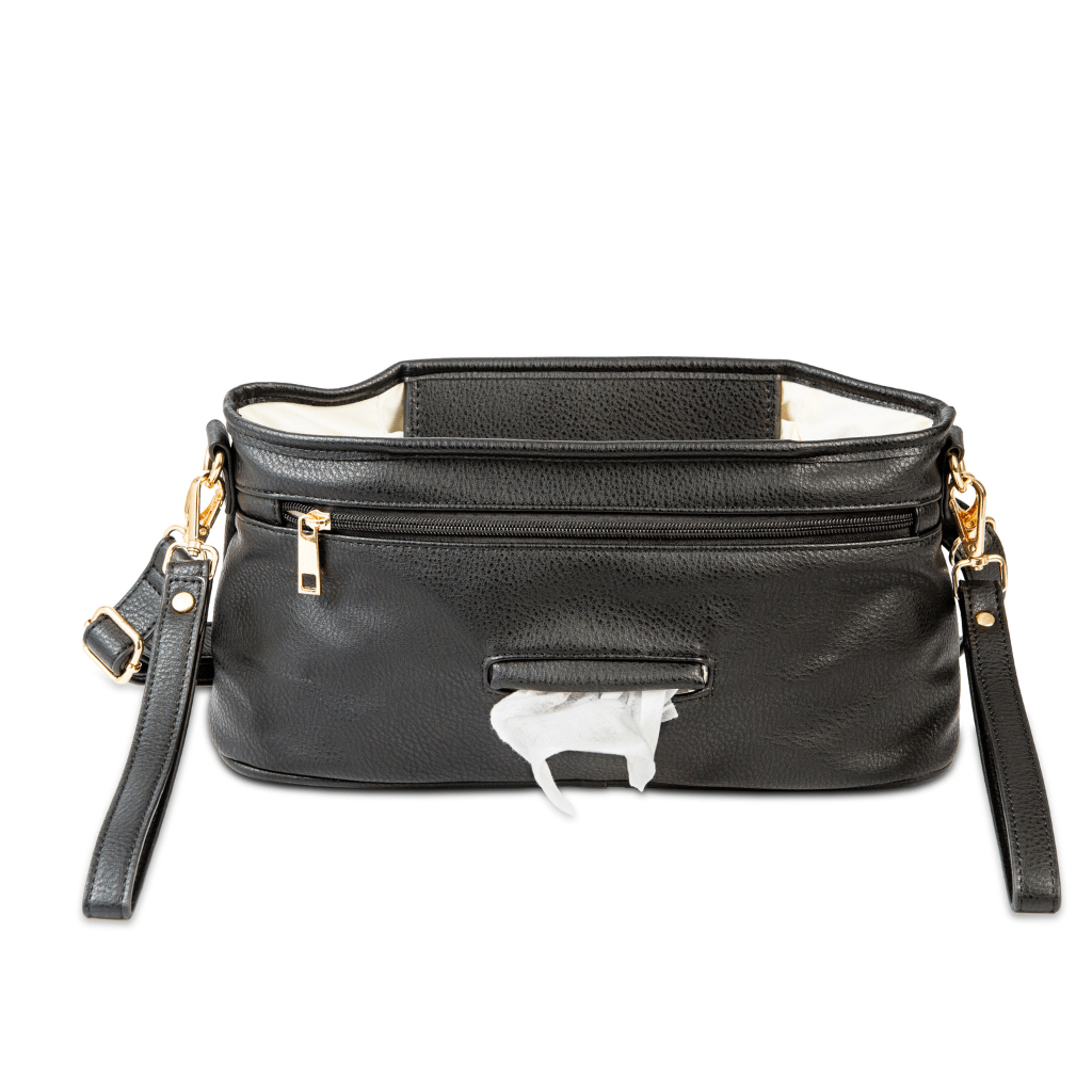 universal pram caddy in black vegan leather with rear baby wipes dispenser pocket