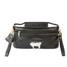 universal pram caddy in black vegan leather with rear baby wipes dispenser pocket