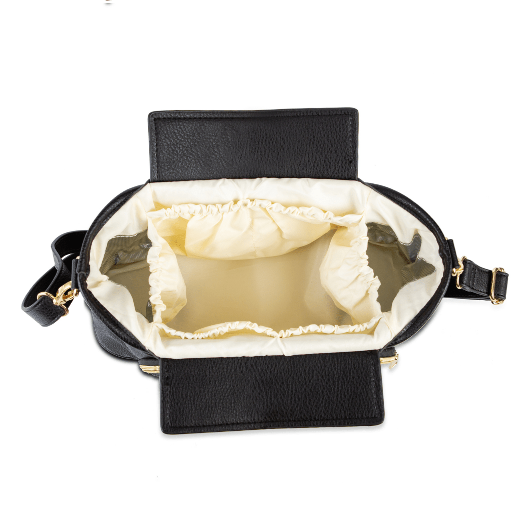 black vegan leather stroller organiser with cream waterproof lining