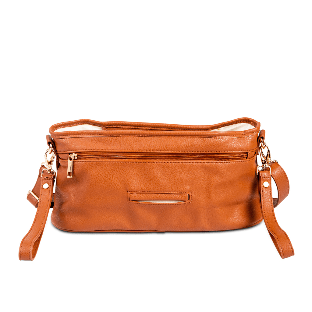 tan vegan leather pram caddy stroller organiser with matching pram clips