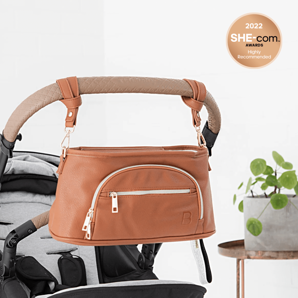 Bambino Bagz Sofia Tan Pram Caddy Stroller Organiser with universal pram clips