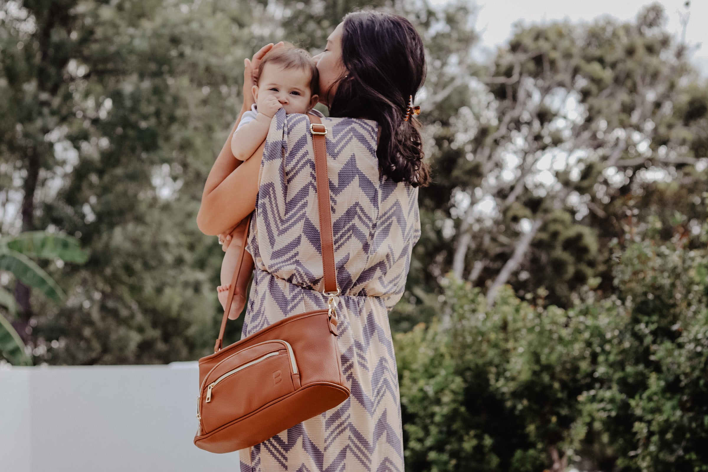 Sofia universal pram caddy and nappy bag in tan leather