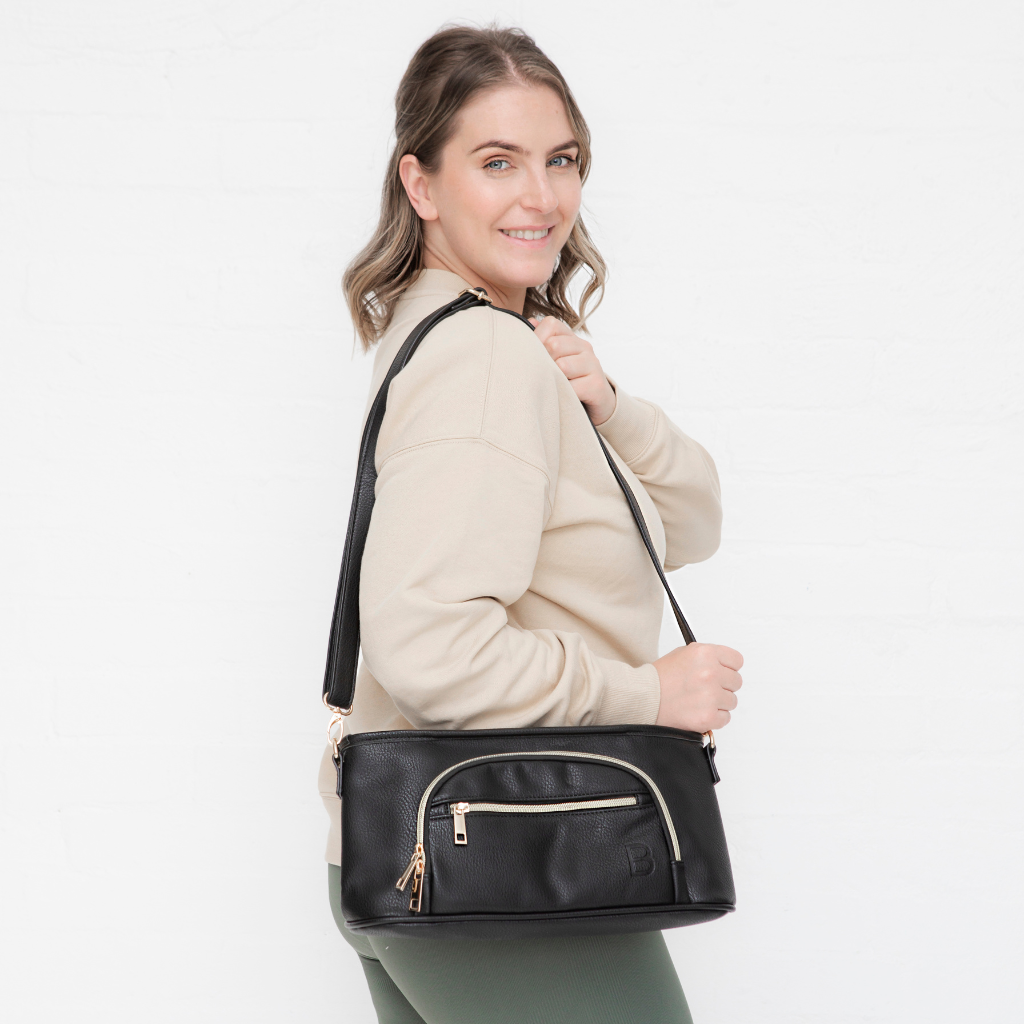 universal pram caddy black vegan leather - converts to shoulder bag nappy bag in seconds 