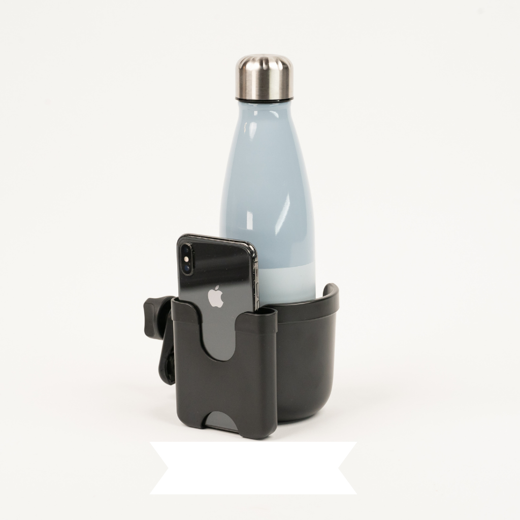 universal pram cup and phone holder - clip your phone and drink easily onto your pram