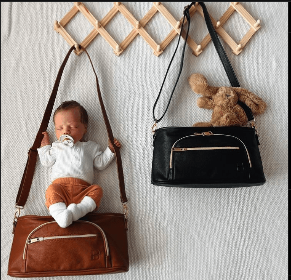 Sofia Vegan Leather Pram Caddy Stroller organiser  - Pictured in Black and In Tan