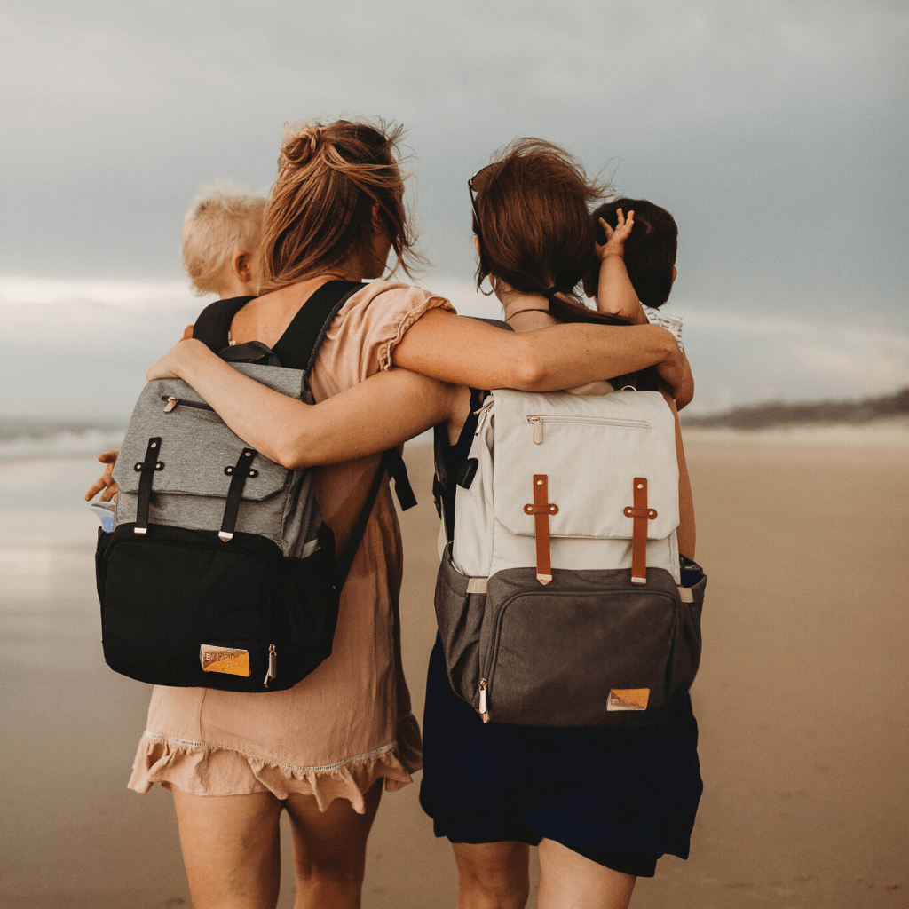 Mums in Australia on the beach wearing Bambino Bagz Nappy Backpack - Sorrento Nappy Bag 