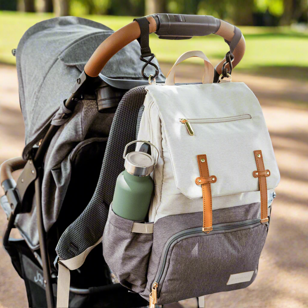 Sorrento nappy backpack attached to the pram with free pram clips - By bambino Bagz Australian nappy bags