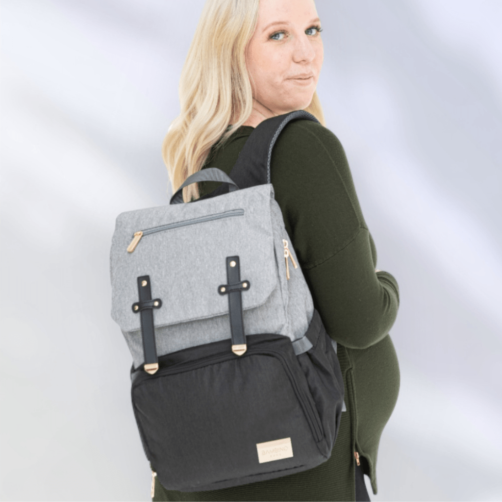 The best baby bag - comfortable and stylish nappy  backpack. Black and grey  by Bambino Bagz