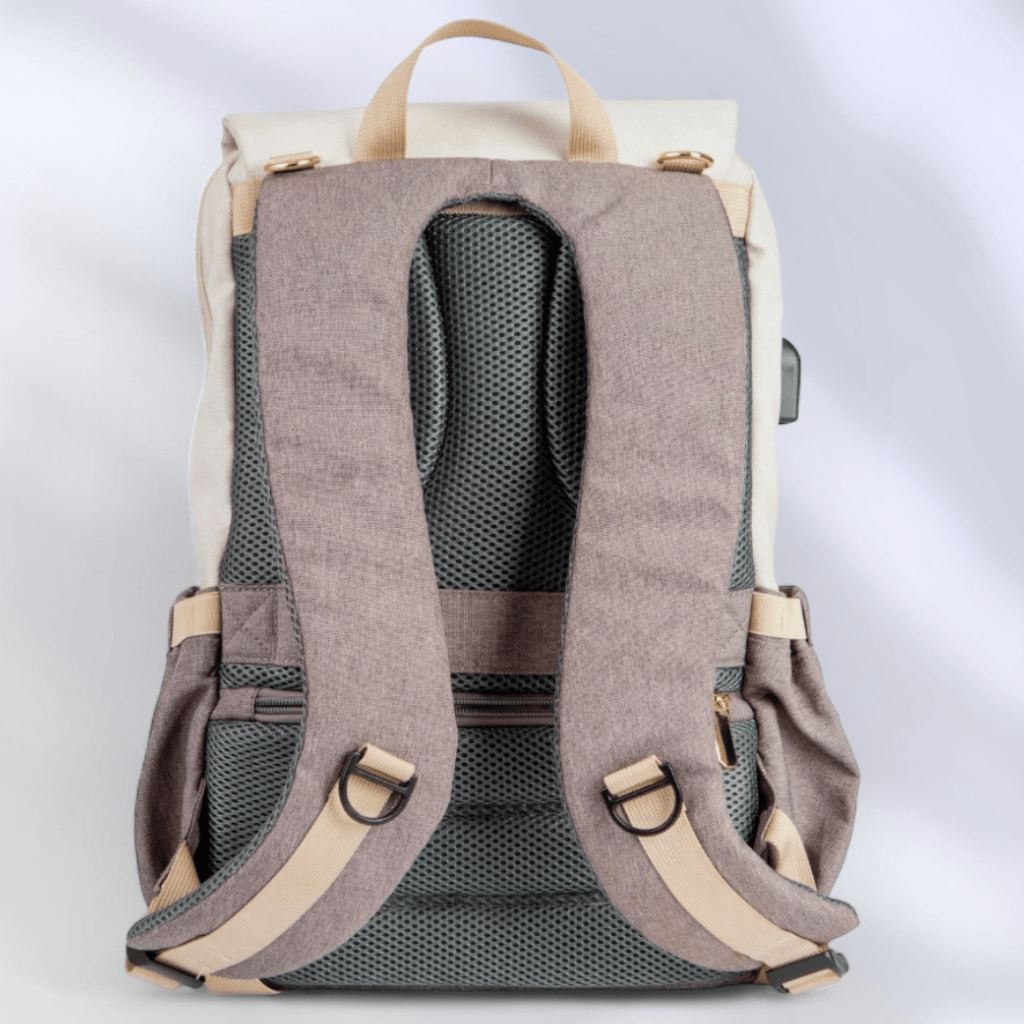Back view of the Sorrento nappy backpack shoing padded straps and travel strap - the best backpack for traveling