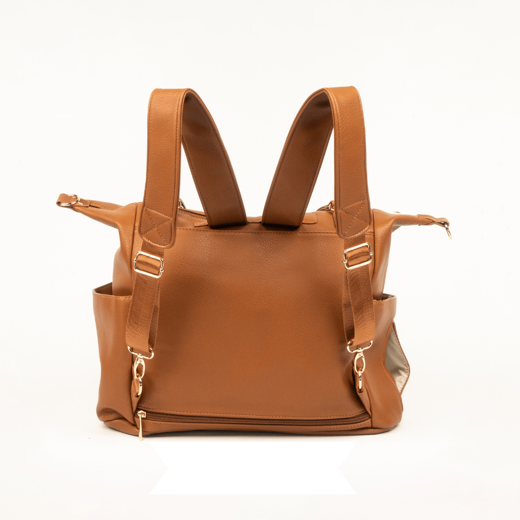 Sofia Nappy backpack in tan vegan leather - the most comfortable stylish nappy bag  baby bag with padded straps