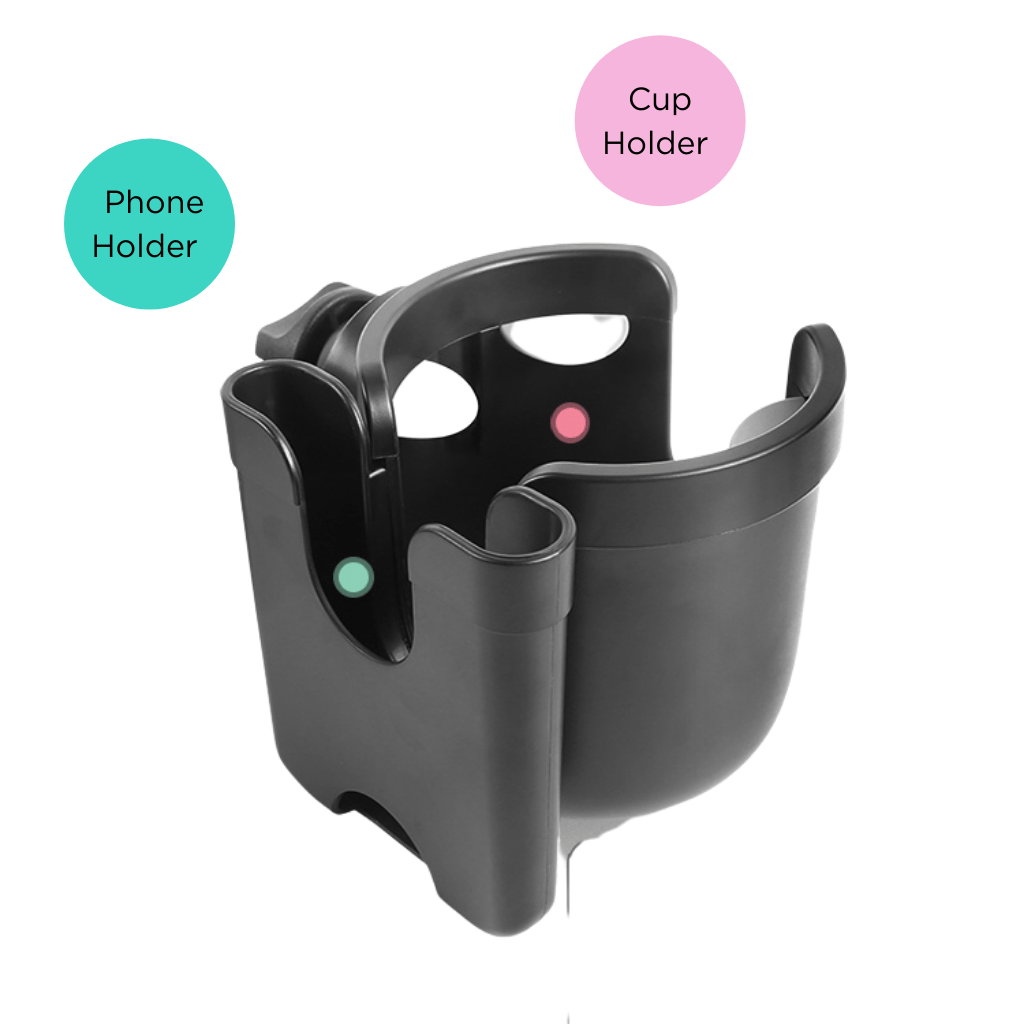 Universal pram cup and phone holder by bambino bagz featuring one compartment for your phone and secure anti slip compartment for your cup or drink bottle