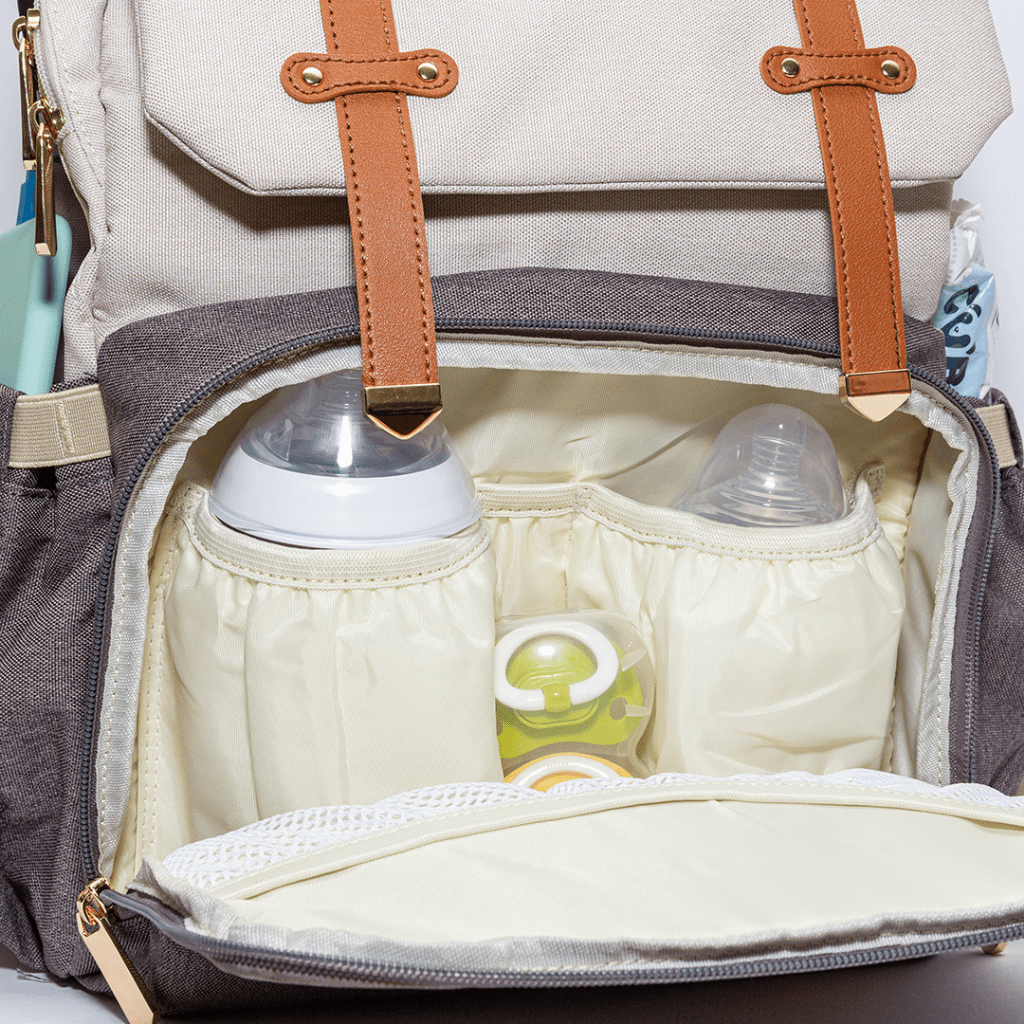 Insulated baby bottle pockets in front pocket of the Sorrento nappy bag backpack 