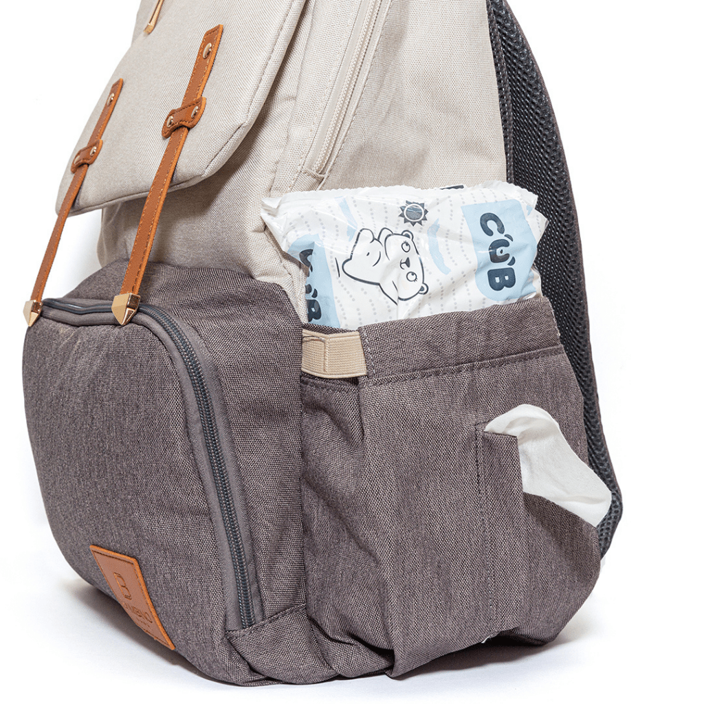 baby bag with baby wipes pocket - nappy bag backpack Tan