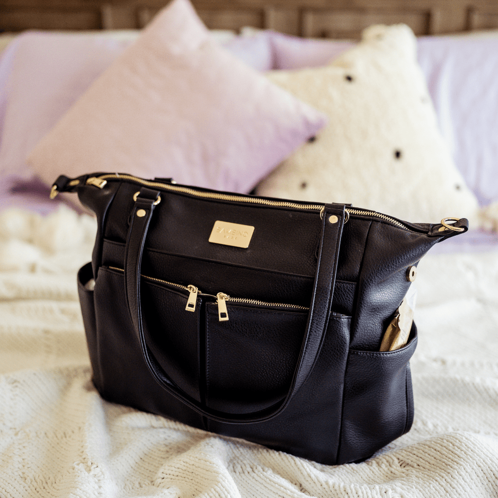 Black leather nappy bag Sofia baby bag by Bambino Bagz in black fits a laptop and makes the perfect work bag