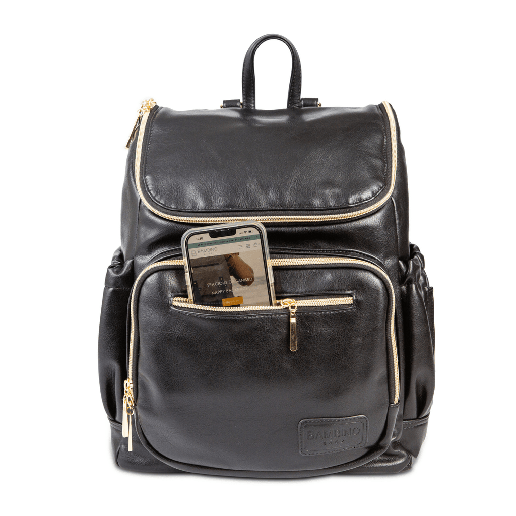 Florence nappy backpack by Bambino Bagz - The best nappy bag option for Mums. Black vegan leather with gold hardware