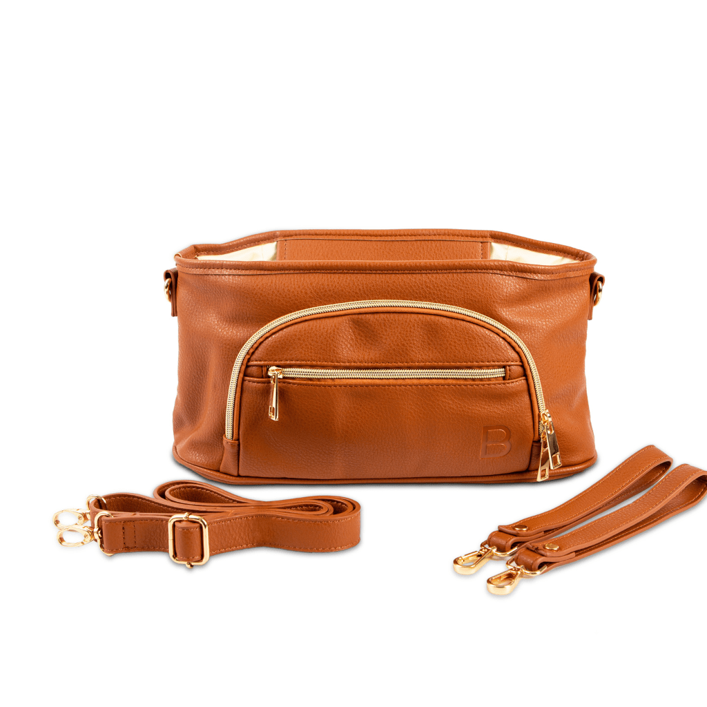 Universal pram caddy with accessories in matching tan leather - pram clips and shoulder strap