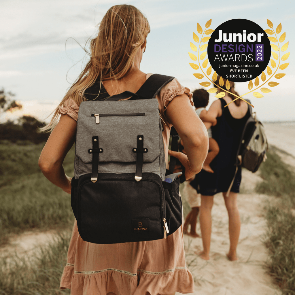Our Sorrento nappy bag backpack is perfect for beach trips. Winner Junior design awards 2023 best  nappy bags