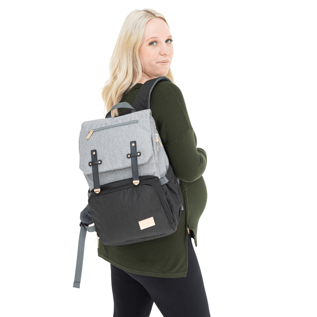The post popular nappy bag in Australia - Sorrento nappy backpack in Black and grey waterproof fabric