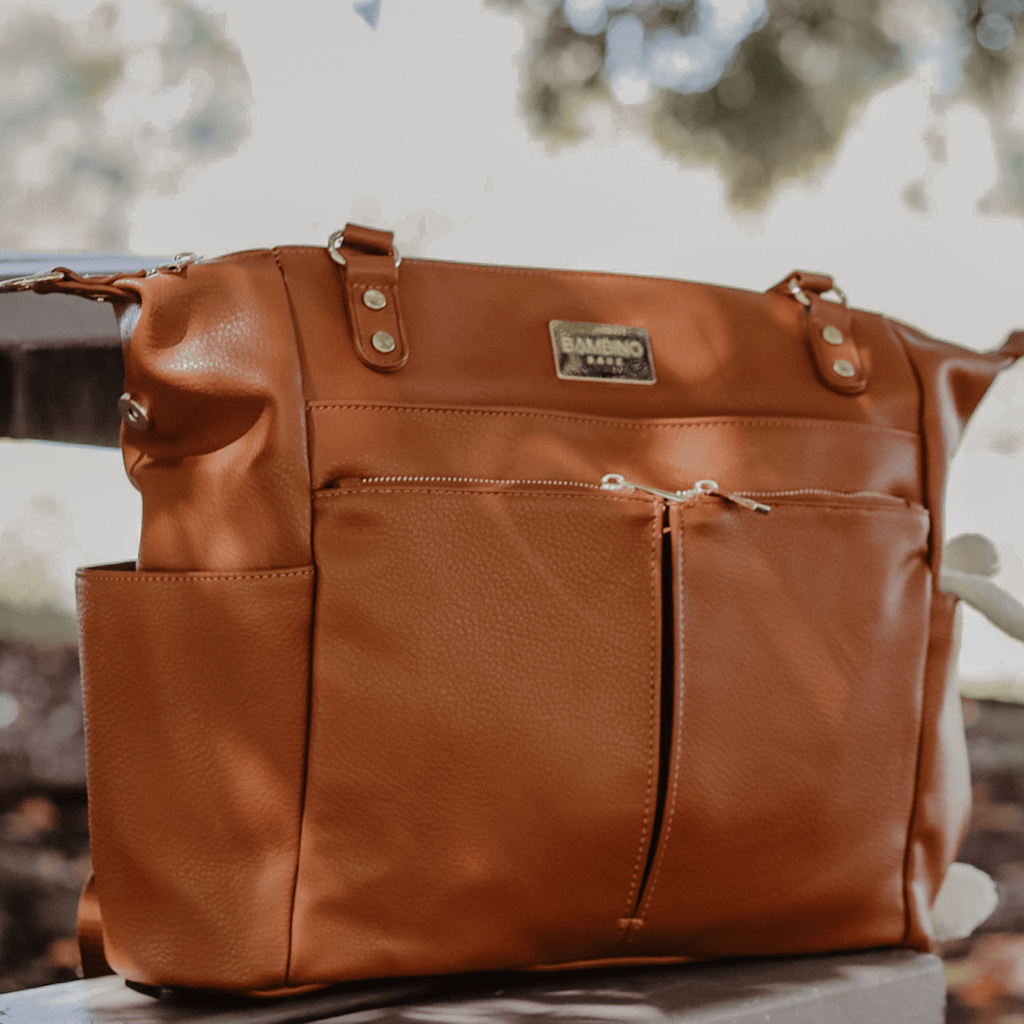 Sofia Vegan leather nappy bag back pack - in tan vegan leather with gold hard ware. the best nappy bag  or baby bag  designed in Australia 